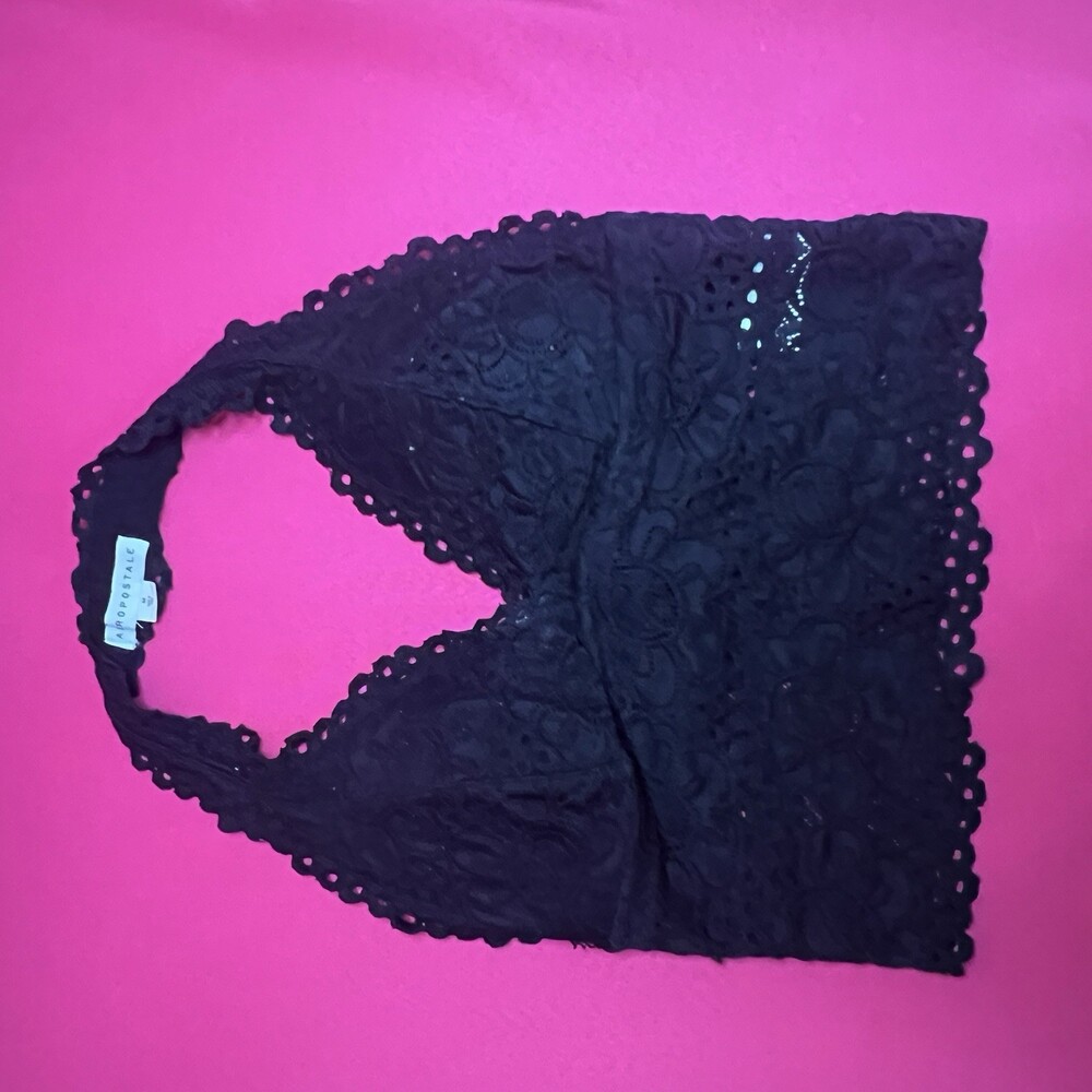 Aeropostale Black Floral Lace Halter Bralette Crop Top Scalloped Trim Medium